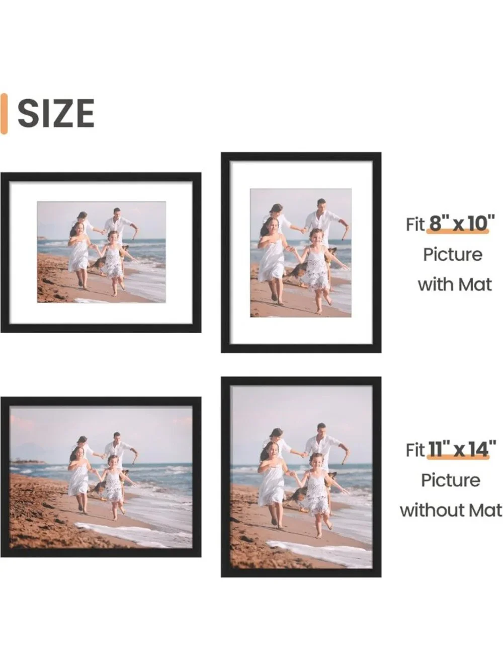 Set of 5 Black Picture Frames 11x14 & 8x10 with Mat for Wall Gallery Display